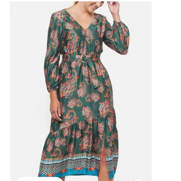 Emily Lovelock dress Medium long sleeve maxi floral green belted feminine